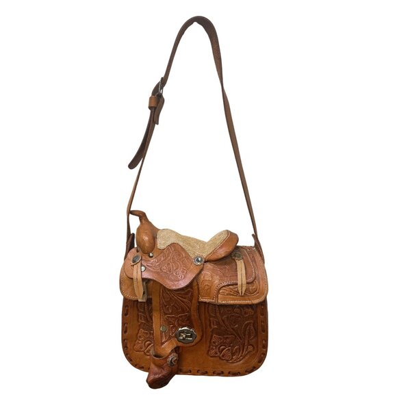 Handcrafted Western Saddle Shoulder Purse w/ Tooled Leather Floral Design - Picture 2 of 11